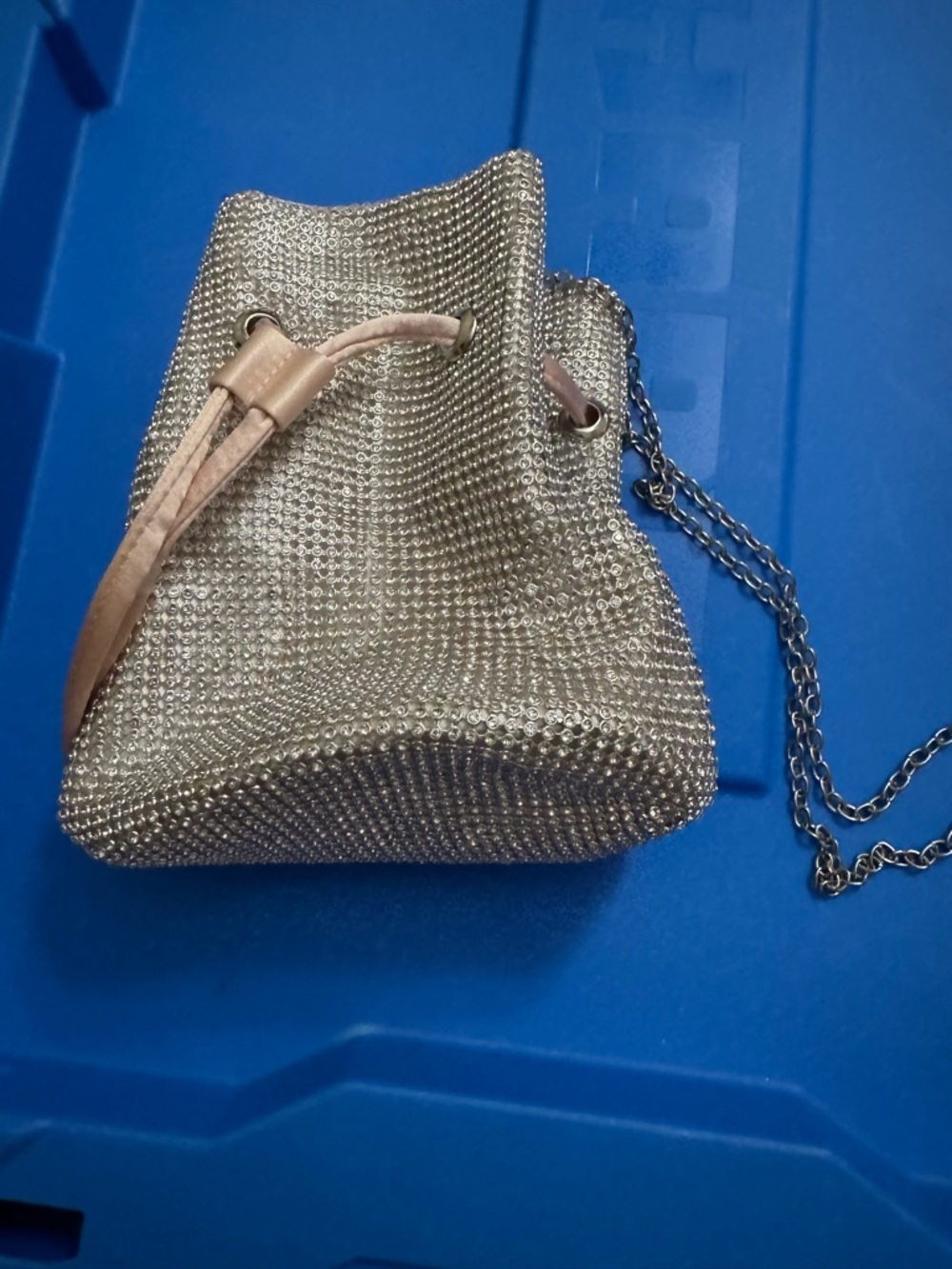 David’s Bridal Rhinestone Drawstring Bucket Bag in Champagne
